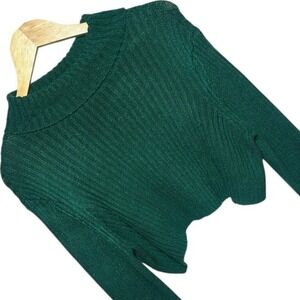 Skylar + Madison Green Ribbed Knit Cropped Collared Sweater Top Size L